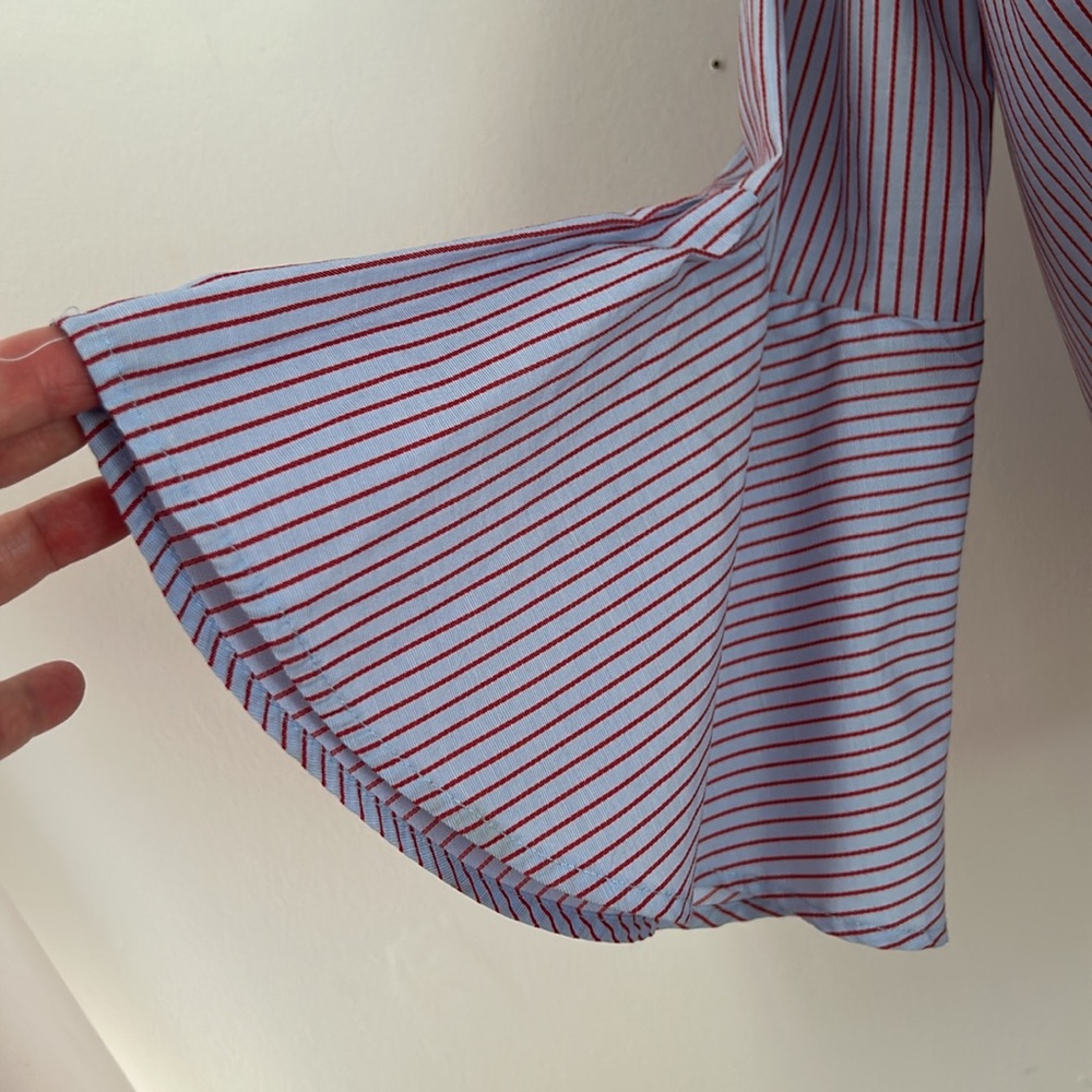 Maeve Red and Blue Small Striped Bell Sleeved Blouse sz 4 - Picture 3 of 7